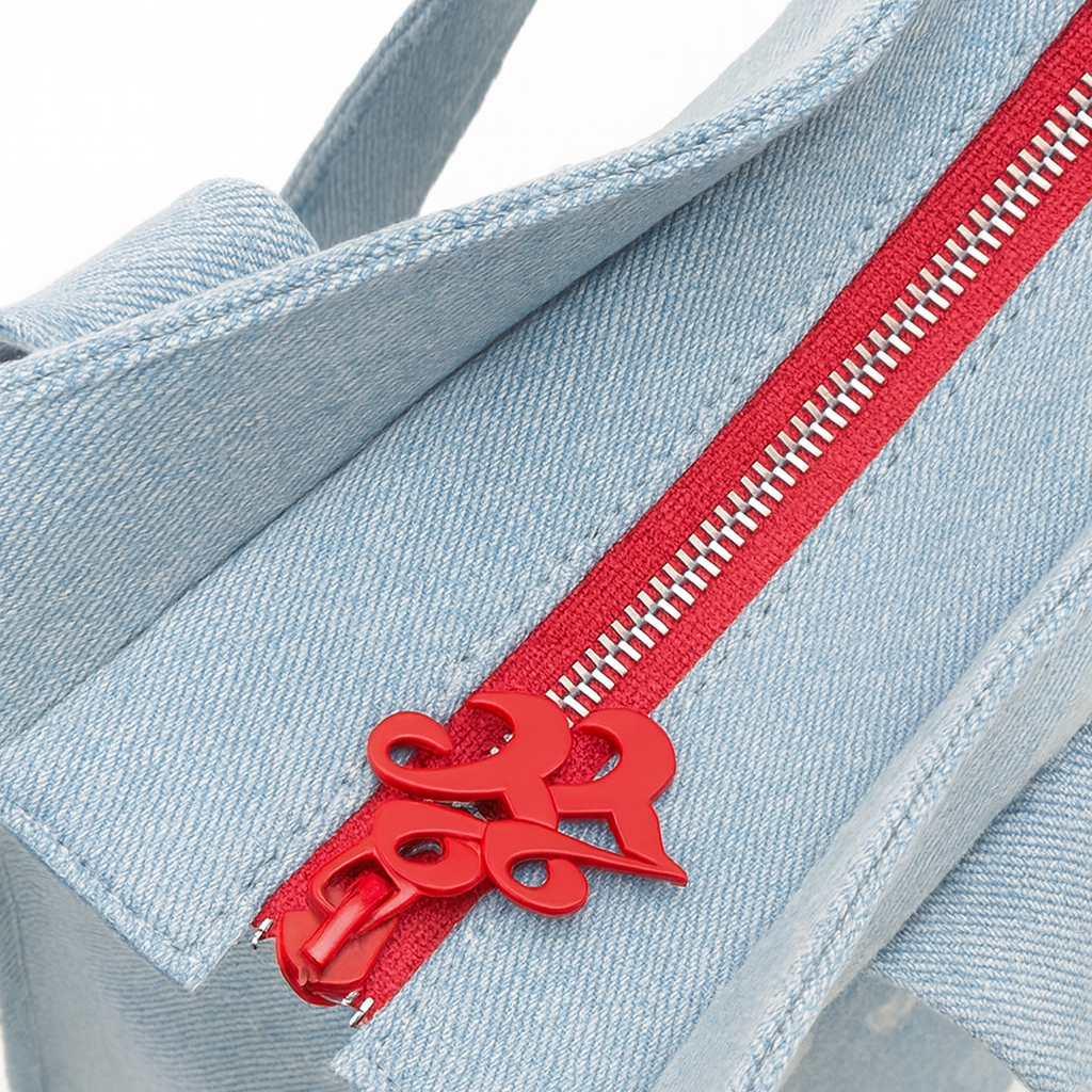 Close-up of a denim bag with a red zipper featuring a decorative logo.